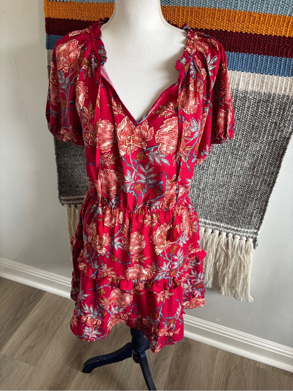 NWT Red Floral V-Neck Tiered Mini Dress